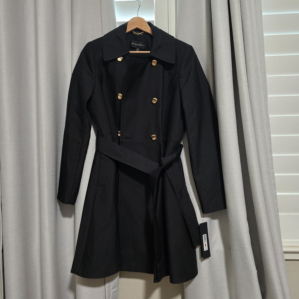 NEW! Donna Karan Black Double-Breasted RAIN Trench Coat with Gold Buttons -